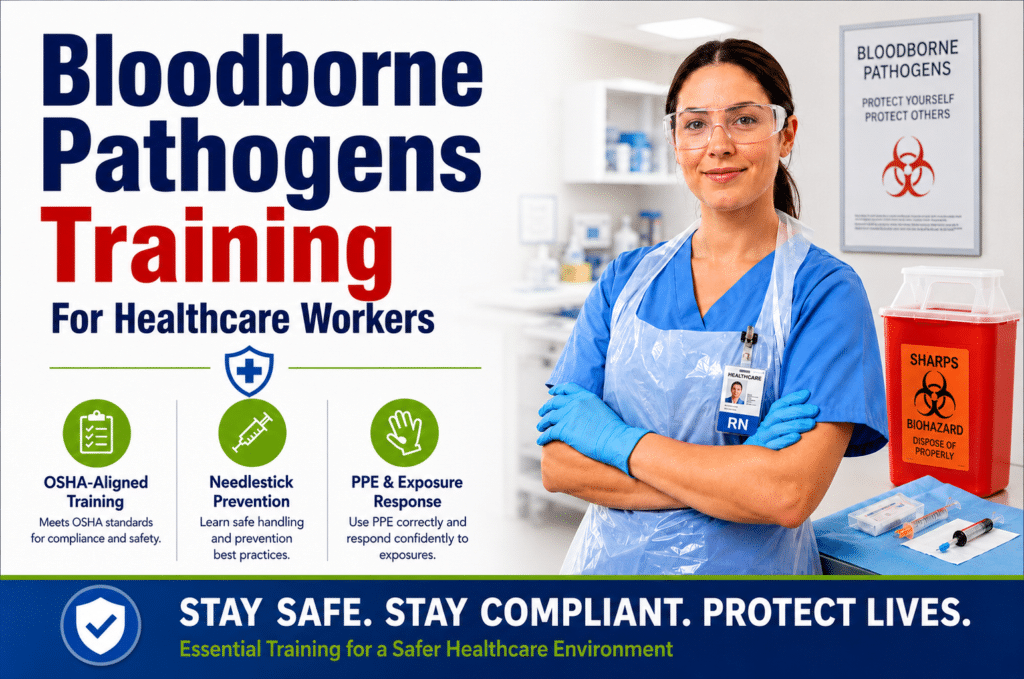 OSHA-aligned Bloodborne Pathogens Training for healthcare workers. Covers needlestick prevention, PPE use & exposure response. Stay safe and compliant.