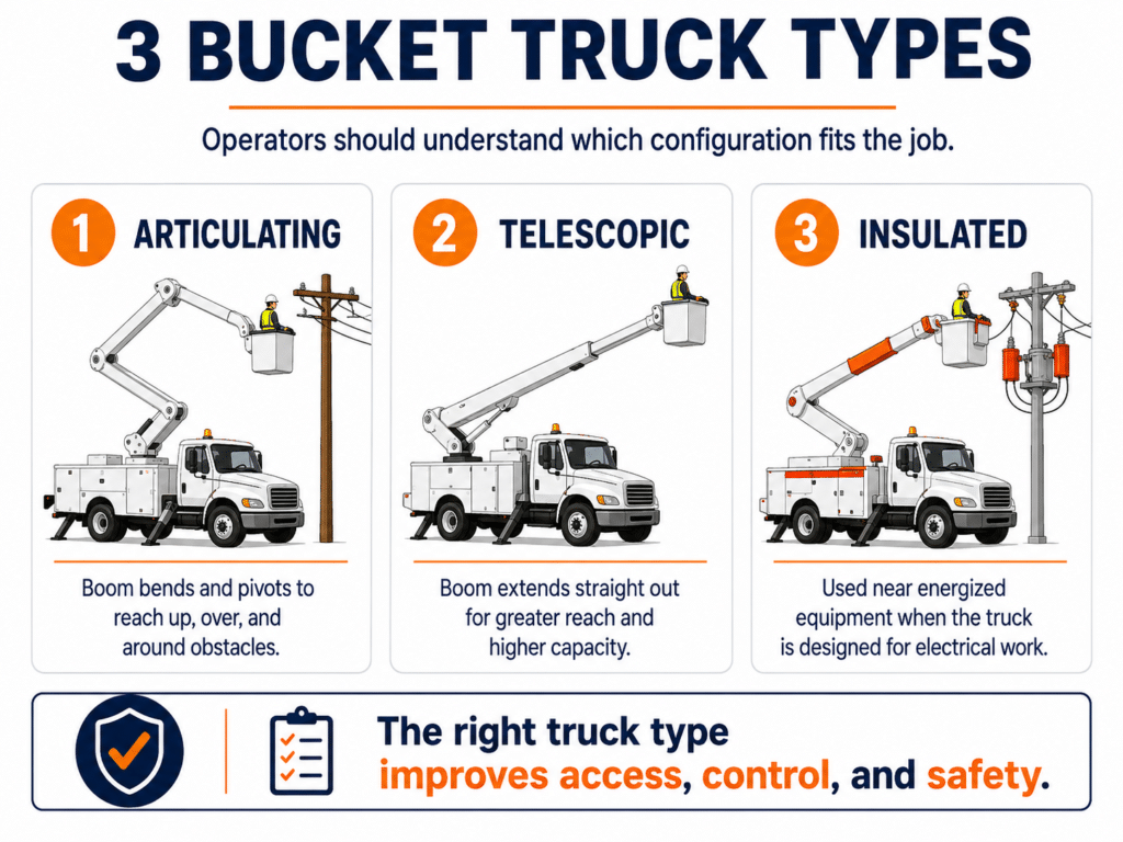 Image comparing articulating, telescopic, and insulated bucket trucks and explaining the work each configuration is designed to perform.