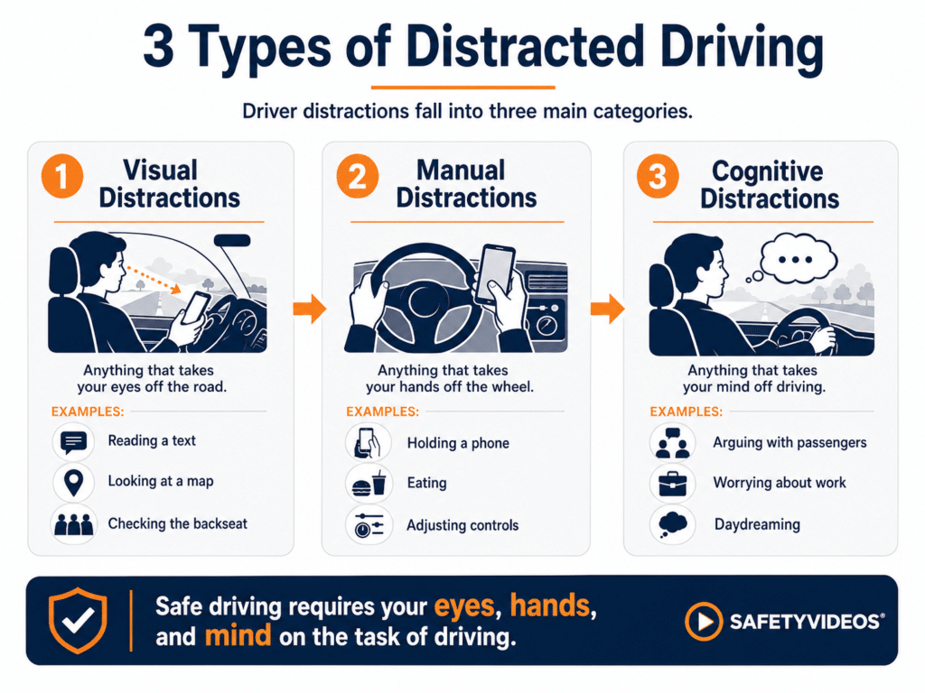 Infographic explaining the three types of distracted driving—visual, manual, and cognitive—with common examples of each.