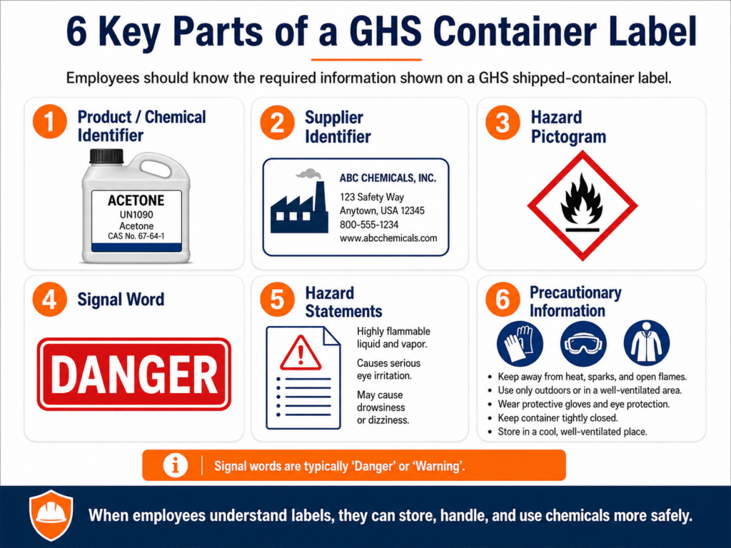 Infographic identifying six required parts of a GHS container label: product identifier, supplier information, hazard pictogram, signal word, hazard statements, and precautionary information.