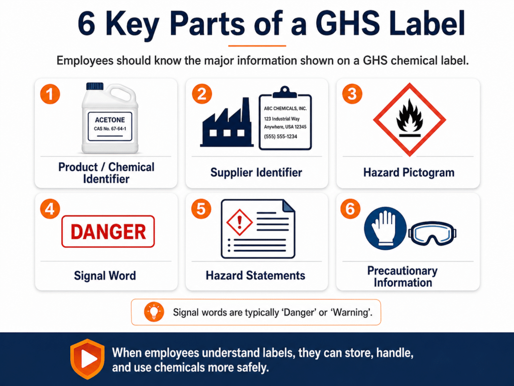 Infographic identifying six key parts of a GHS chemical label: product identifier, supplier information, hazard pictogram, signal word, hazard statements, and precautionary information.