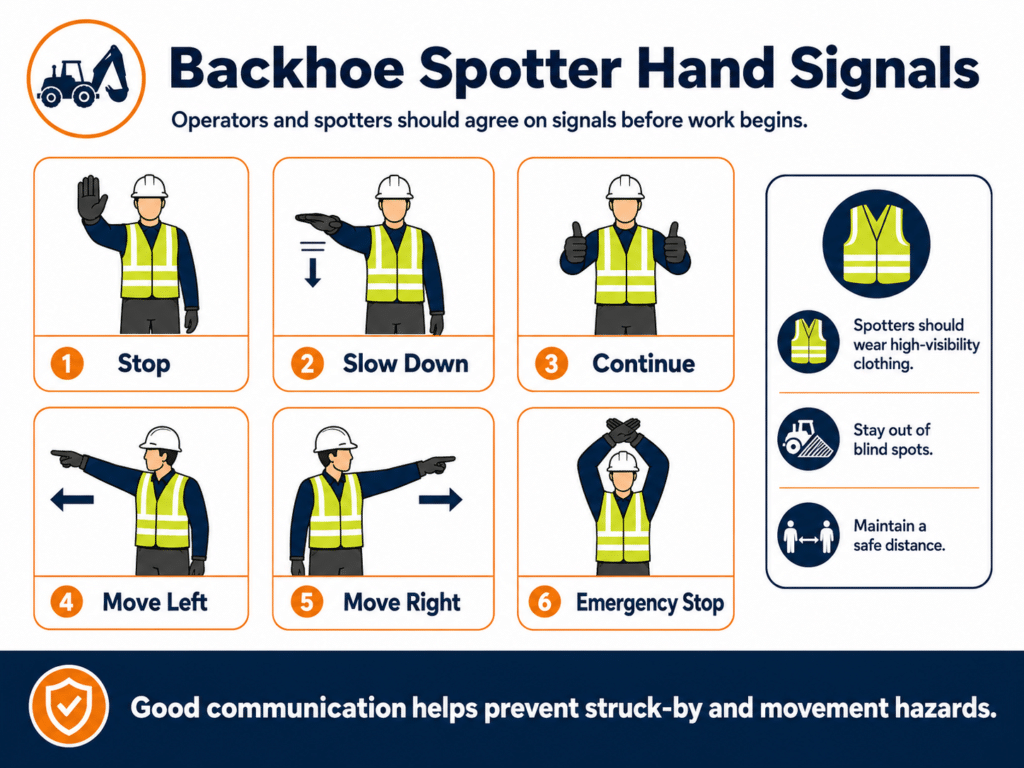 Image demonstrating standard backhoe spotter hand signals for stop, slow down, continue, move left, move right, and emergency stop.