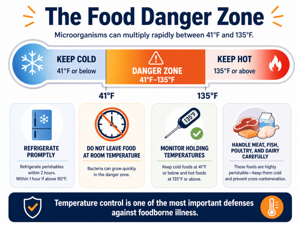 Food temperature danger zone graphic showing that cold foods should be kept at 41°F or below and hot foods at 135°F or above to limit bacterial growth.