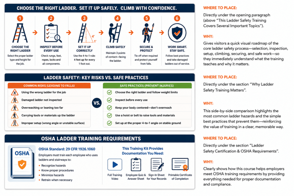 Image covering safe ladder selection and use, common risks versus safe practices, OSHA requirements, and recommended webpage placement.