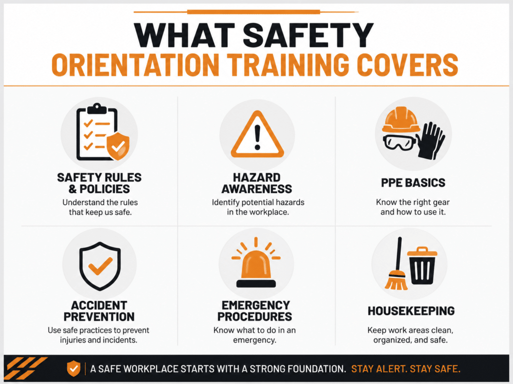 Workplace safety orientation training covers safety rules and policies, hazard awareness, PPE basics, accident prevention, emergency procedures, and housekeeping.
