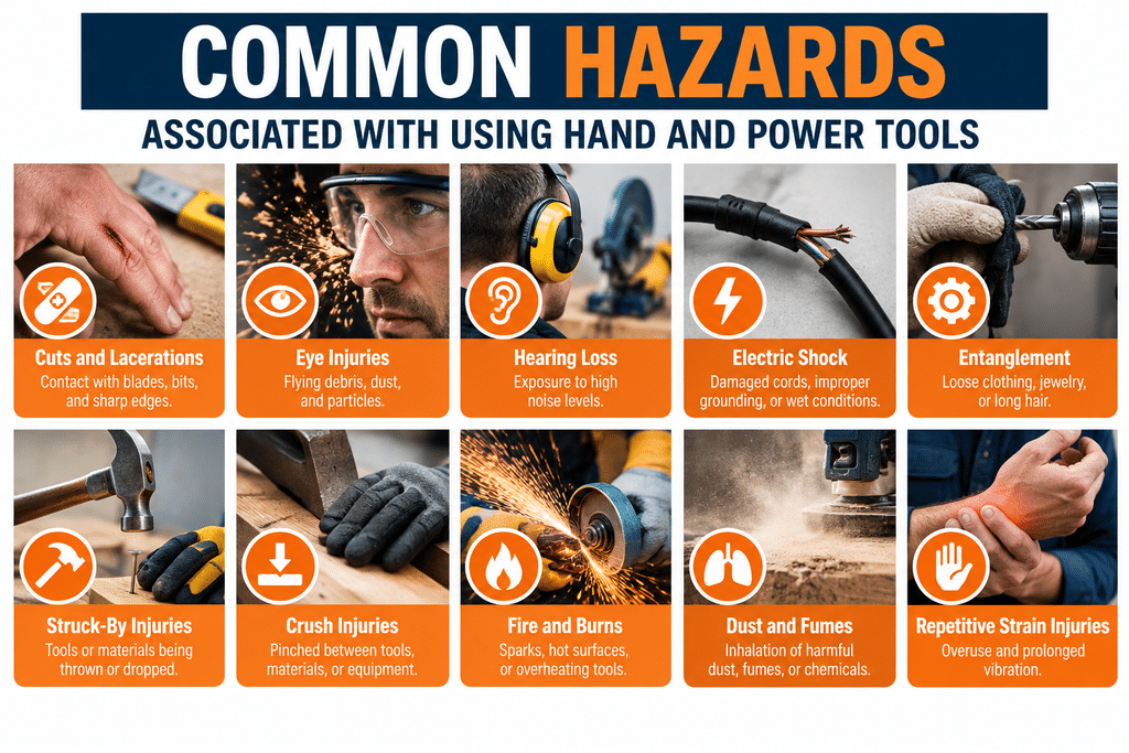 Image showing common hand and power tool hazards, including cuts, eye injuries, hearing loss, electric shock, entanglement, struck-by and crush injuries, burns, dust exposure, and repetitive strain injuries.