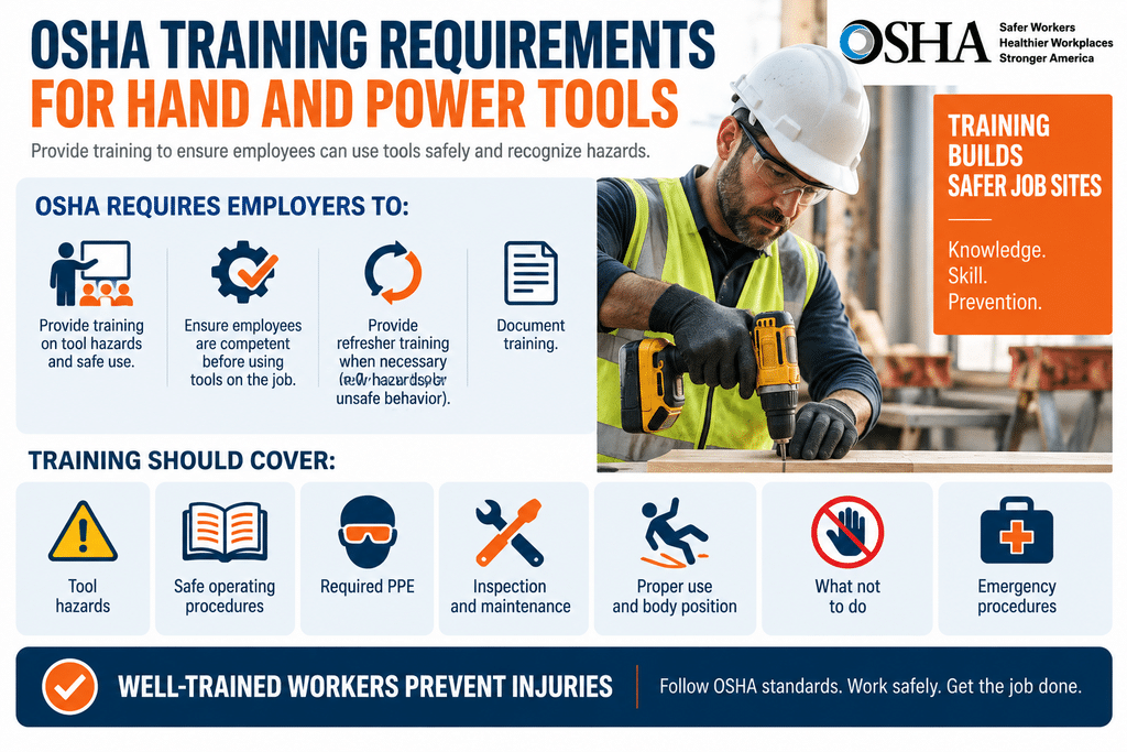 OSHA training requirements for hand and power tools, showing employer responsibilities, key safety training topics, and a construction worker using a power drill while wearing proper protective equipment.
