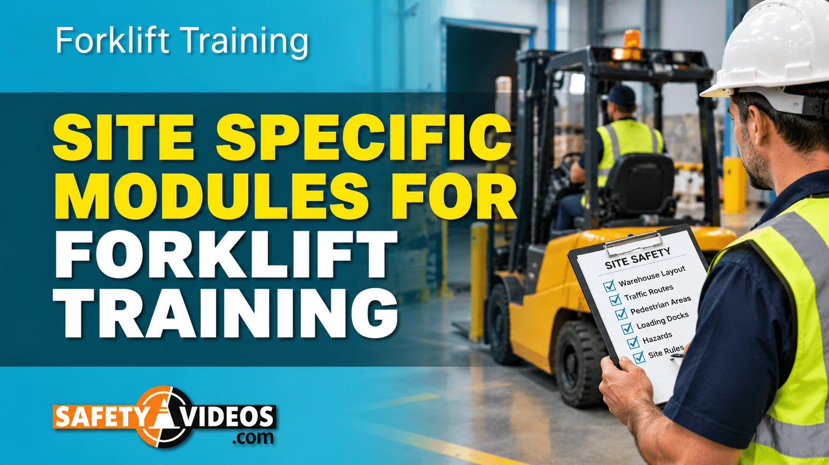 Site Specific Modules for Forklift Training from SafetyVideos.com, showing a supervisor holding a site safety checklist (warehouse layout, traffic routes, pedestrian areas, loading docks, hazards, site rules) while a forklift operates nearby.