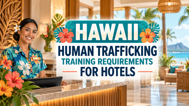 Smiling hotel front desk employee in a tropical print shirt with a plumeria in her hair, standing at the reception counter of an open-air Waikiki hotel lobby with Diamond Head and the ocean in the background. Title text reads “Hawaii Human Trafficking Training Requirements for Hotels.”