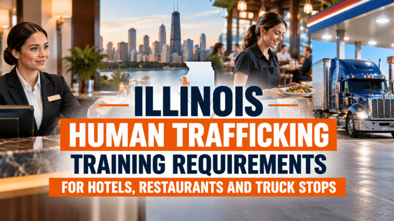 Illinois Human Trafficking Training Requirements for Hotels, Restaurants and Truck Stops: a hotel front desk agent, the Chicago skyline with an outline of Illinois, a server carrying a plate in a restaurant, and a semi truck at a fuel station.